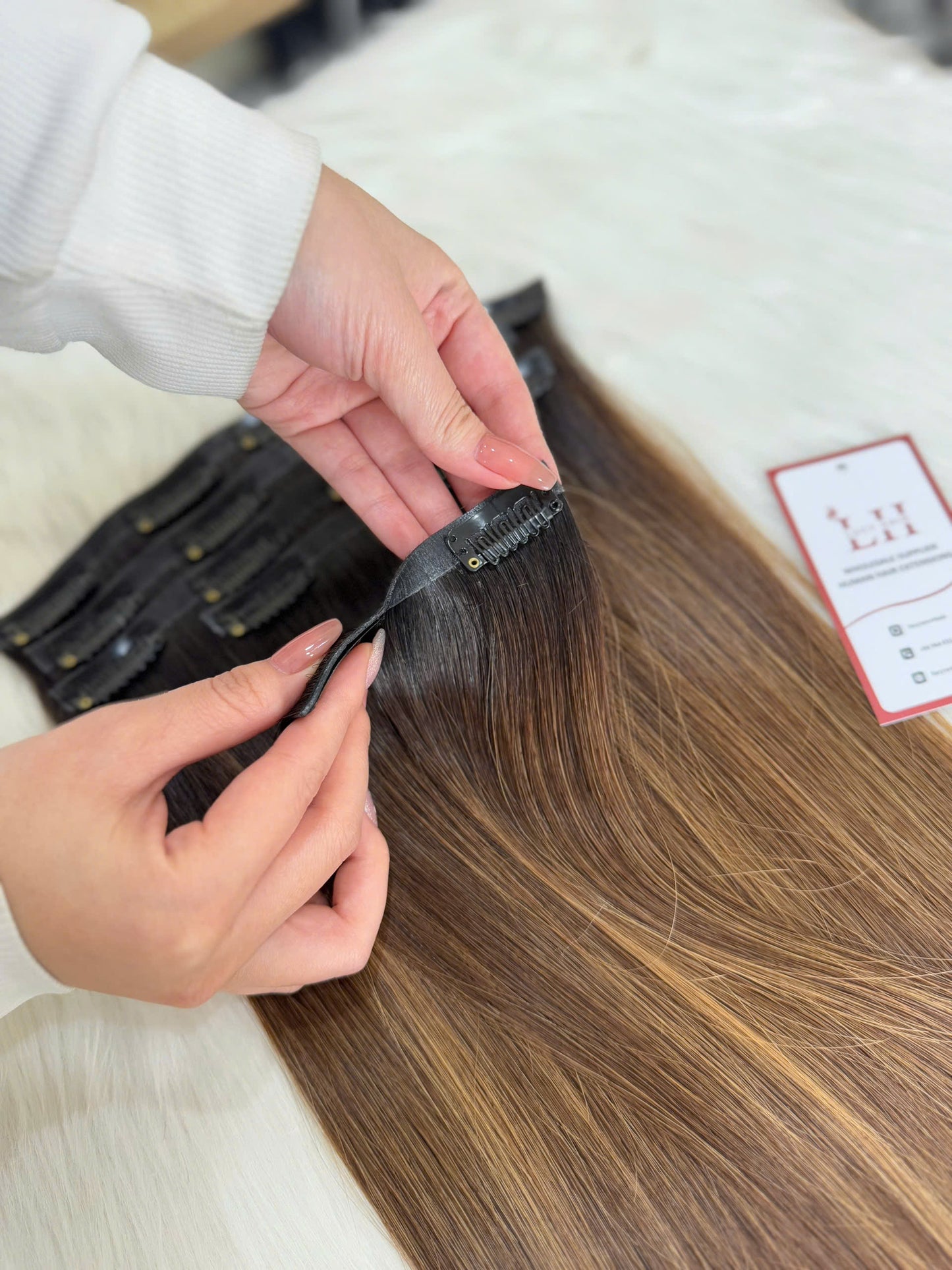 Invisible Clip In Extensions Natural Straight Human Hair Extensions #Balayage Color Double Drawn Vietnamese Raw Hair Top Grade