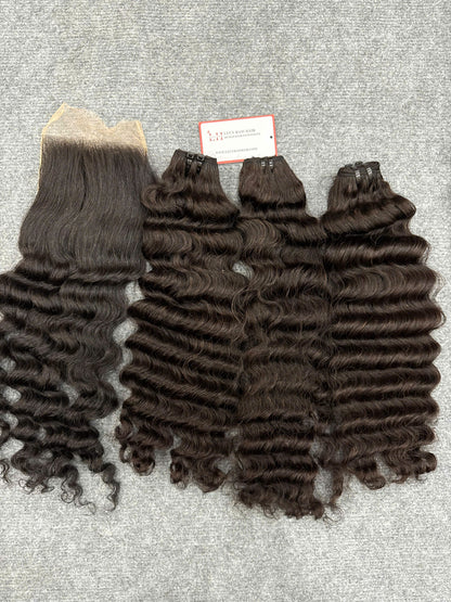 Vietnamese Raw Deep Wave Bundles With 4x4 HD Lace Closure Top Selling